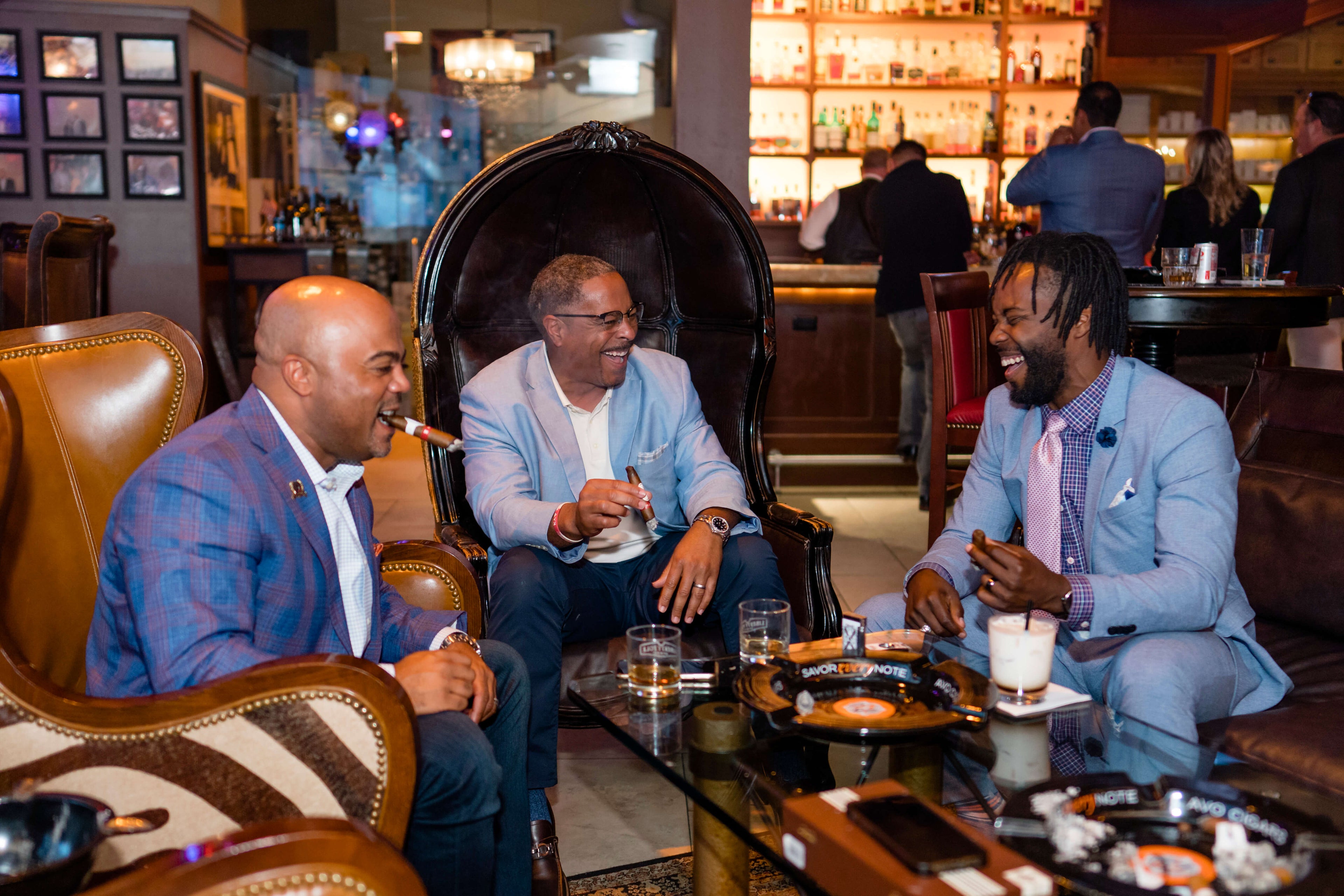 Friends enjoying & relaxing at BLEND Bar with Davidoff Cigars